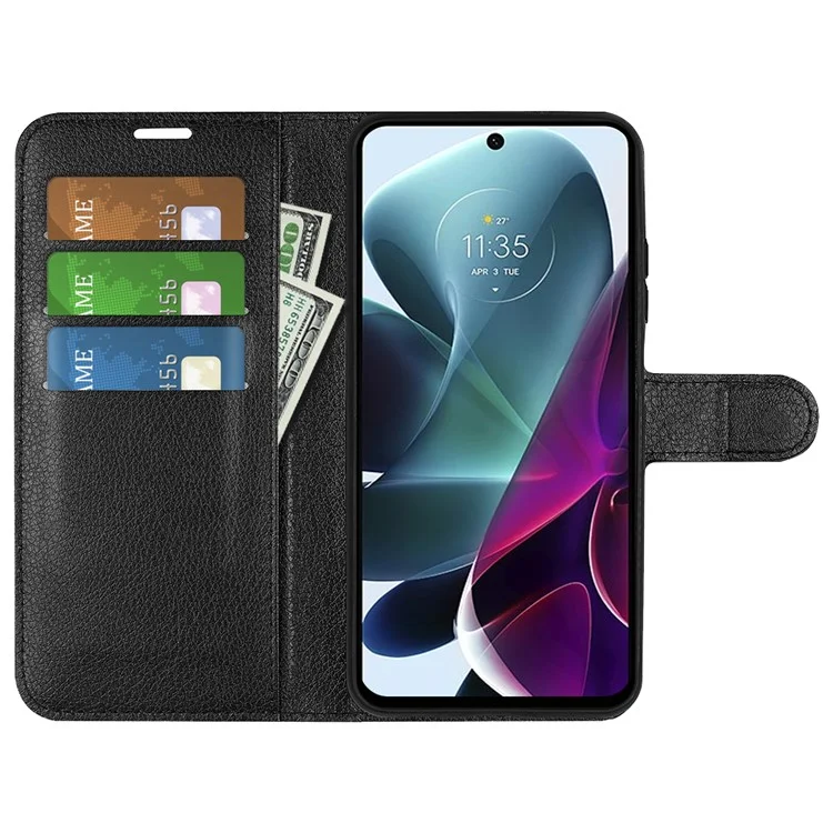 Per Motorola Moto G200 5G Litchi Texture PU Leather Flip Cover Stand Wallet Magnetic Closure Folio Book Phone Case - Black