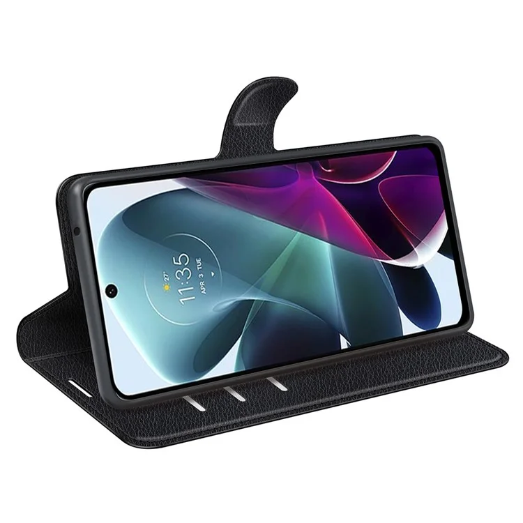 Per Motorola Moto G200 5G Litchi Texture PU Leather Flip Cover Stand Wallet Magnetic Closure Folio Book Phone Case - Black