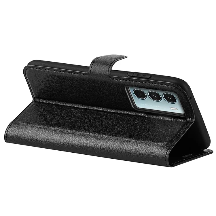 Per Motorola Moto G200 5G Litchi Texture PU Leather Flip Cover Stand Wallet Magnetic Closure Folio Book Phone Case - Black
