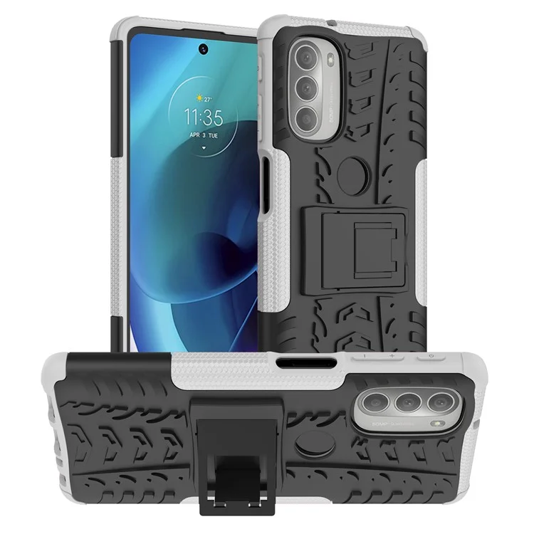 Für Motorola Moto G51 5G Weiche Flexible TPU Hartes PC Dual Layer-schutzhülle Kickstand Reifen Textur Anti-slip-telefonabdeckung - Weiß