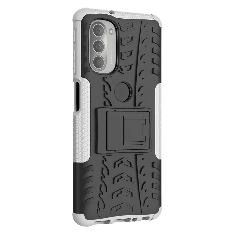Für Motorola Moto G51 5G Weiche Flexible TPU Hartes PC Dual Layer-schutzhülle Kickstand Reifen Textur Anti-slip-telefonabdeckung - Weiß