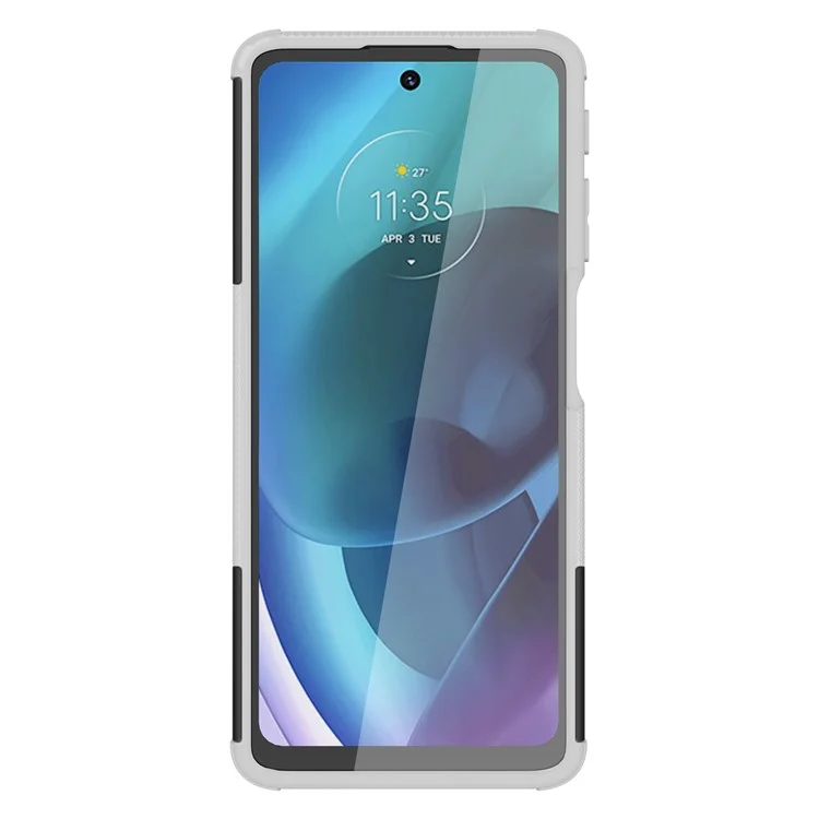Für Motorola Moto G51 5G Weiche Flexible TPU Hartes PC Dual Layer-schutzhülle Kickstand Reifen Textur Anti-slip-telefonabdeckung - Weiß