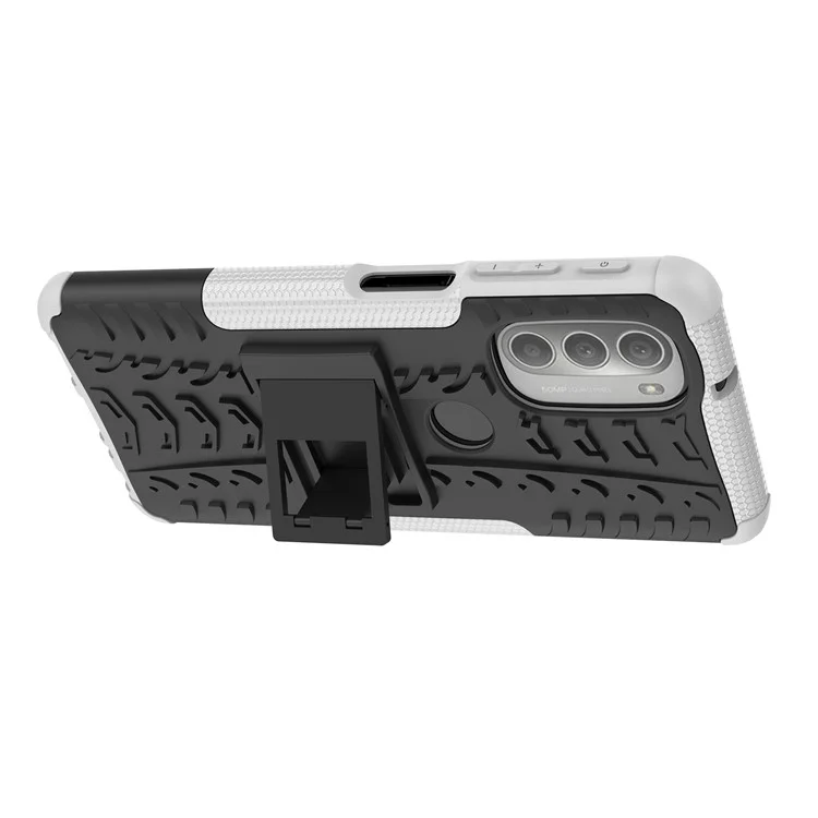 Für Motorola Moto G51 5G Weiche Flexible TPU Hartes PC Dual Layer-schutzhülle Kickstand Reifen Textur Anti-slip-telefonabdeckung - Weiß