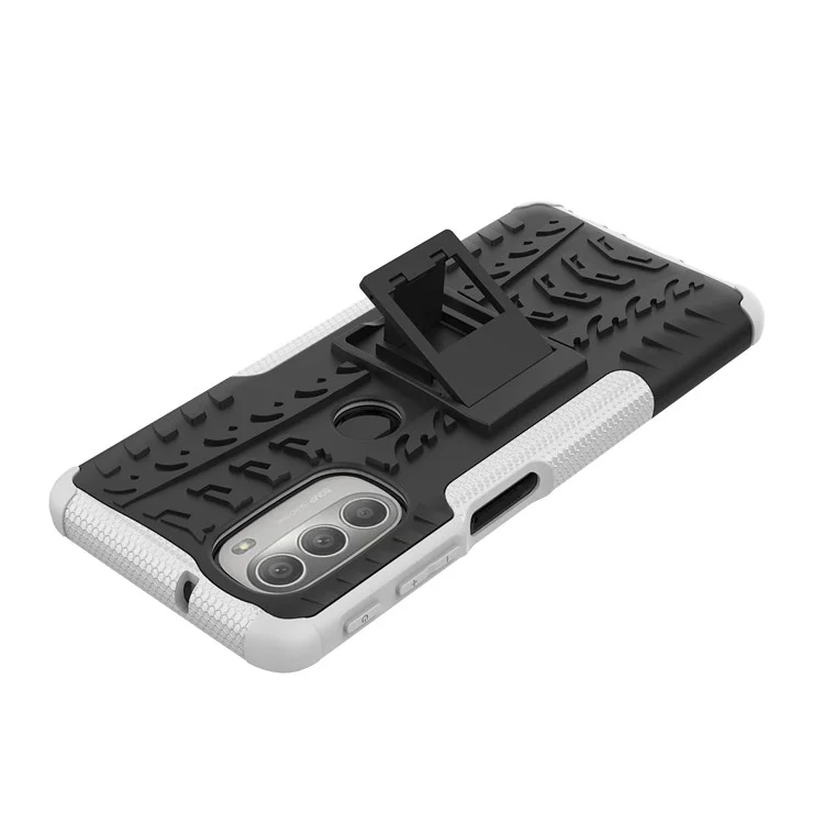 Für Motorola Moto G51 5G Weiche Flexible TPU Hartes PC Dual Layer-schutzhülle Kickstand Reifen Textur Anti-slip-telefonabdeckung - Weiß