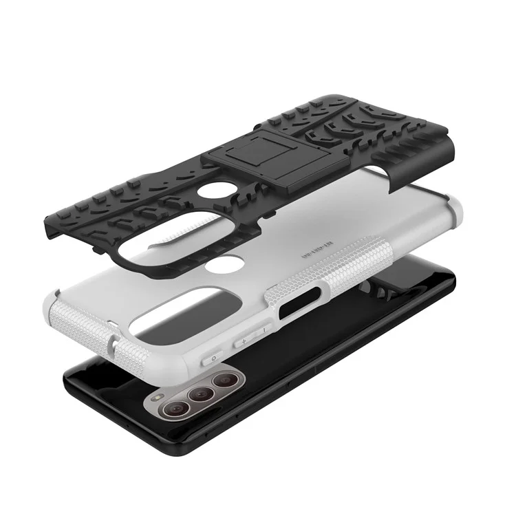 Für Motorola Moto G51 5G Weiche Flexible TPU Hartes PC Dual Layer-schutzhülle Kickstand Reifen Textur Anti-slip-telefonabdeckung - Weiß
