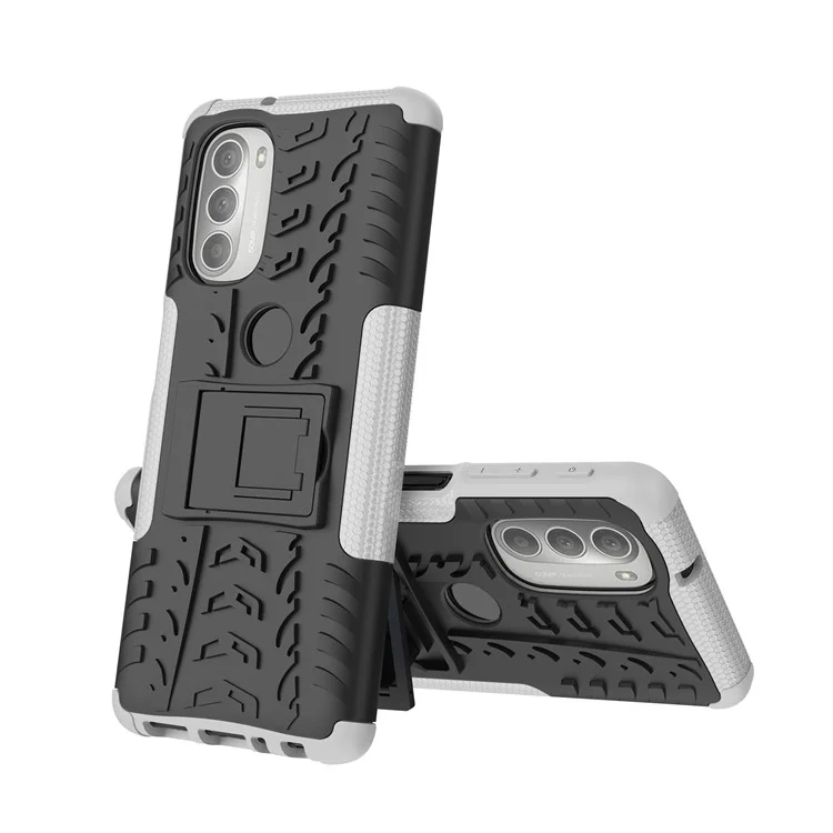 Für Motorola Moto G51 5G Weiche Flexible TPU Hartes PC Dual Layer-schutzhülle Kickstand Reifen Textur Anti-slip-telefonabdeckung - Weiß