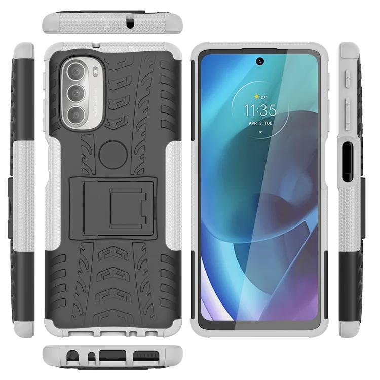 Für Motorola Moto G51 5G Weiche Flexible TPU Hartes PC Dual Layer-schutzhülle Kickstand Reifen Textur Anti-slip-telefonabdeckung - Weiß