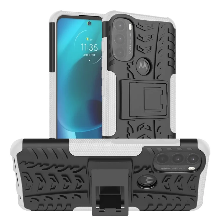 For Motorola Moto G71 5G Tire Texture Rugged Heavy Duty Shockproof Kickstand Case Double Layer Soft TPU + Hard PC Hybrid Armor Cover - White