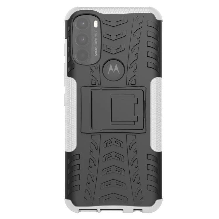 For Motorola Moto G71 5G Tire Texture Rugged Heavy Duty Shockproof Kickstand Case Double Layer Soft TPU + Hard PC Hybrid Armor Cover - White