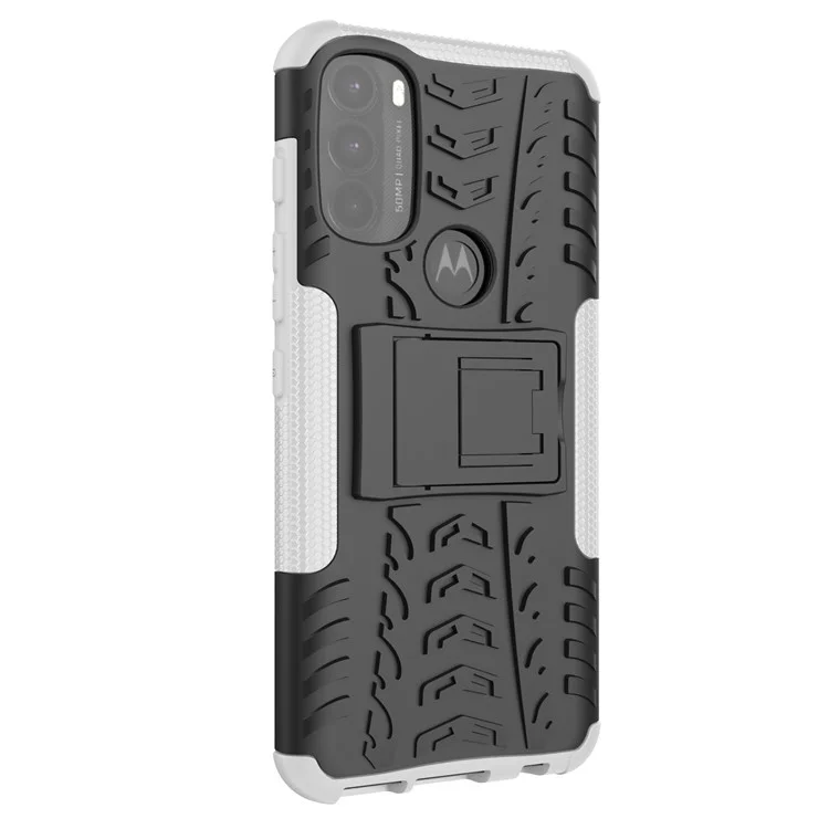For Motorola Moto G71 5G Tire Texture Rugged Heavy Duty Shockproof Kickstand Case Double Layer Soft TPU + Hard PC Hybrid Armor Cover - White
