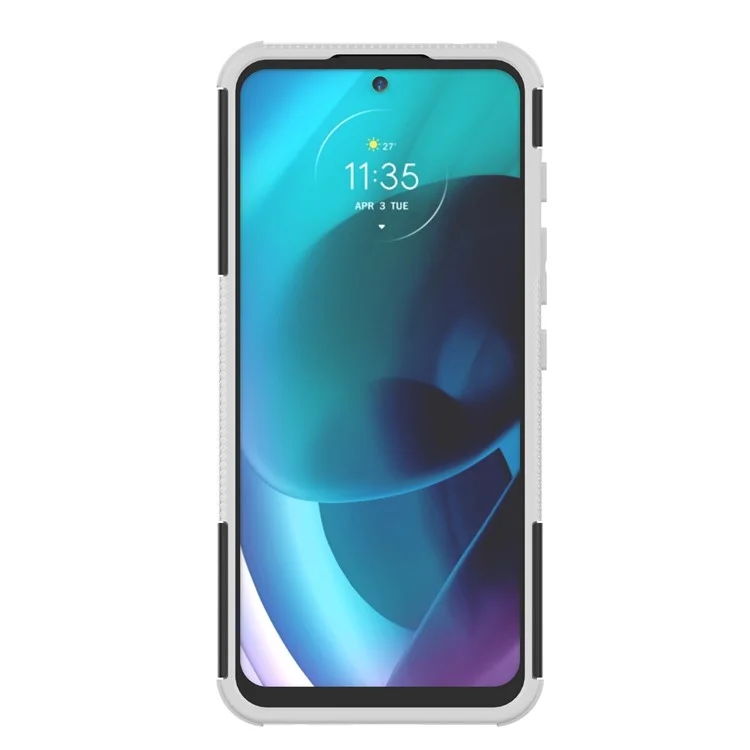 For Motorola Moto G71 5G Tire Texture Rugged Heavy Duty Shockproof Kickstand Case Double Layer Soft TPU + Hard PC Hybrid Armor Cover - White