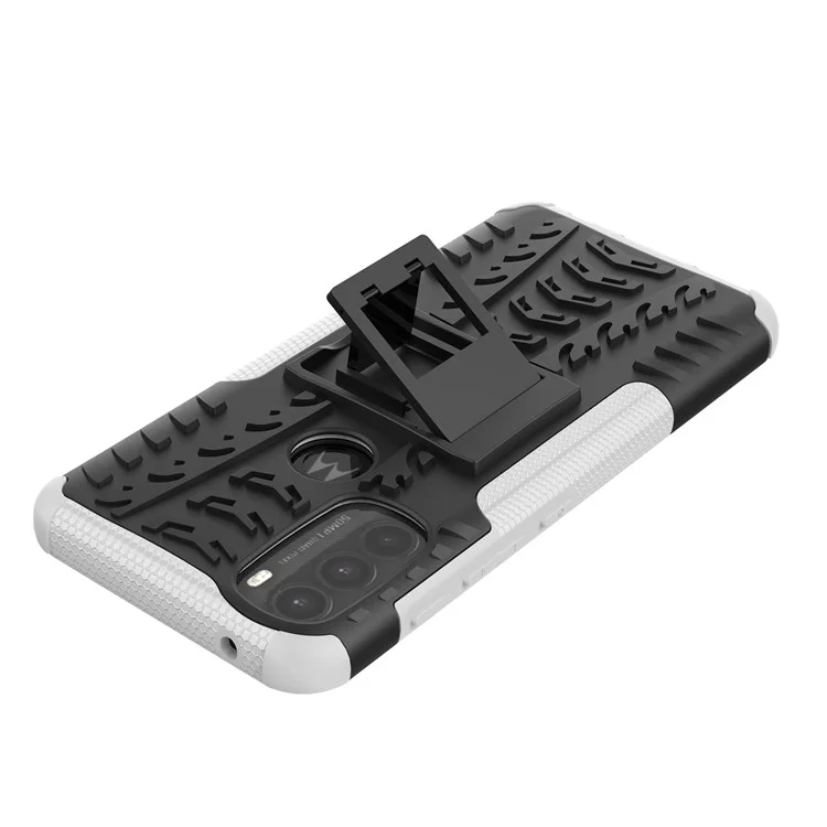 For Motorola Moto G71 5G Tire Texture Rugged Heavy Duty Shockproof Kickstand Case Double Layer Soft TPU + Hard PC Hybrid Armor Cover - White