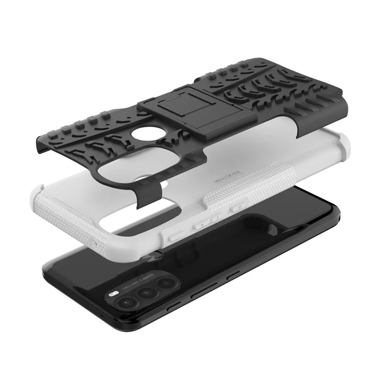 For Motorola Moto G71 5G Tire Texture Rugged Heavy Duty Shockproof Kickstand Case Double Layer Soft TPU + Hard PC Hybrid Armor Cover - White