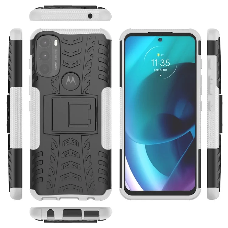 For Motorola Moto G71 5G Tire Texture Rugged Heavy Duty Shockproof Kickstand Case Double Layer Soft TPU + Hard PC Hybrid Armor Cover - White
