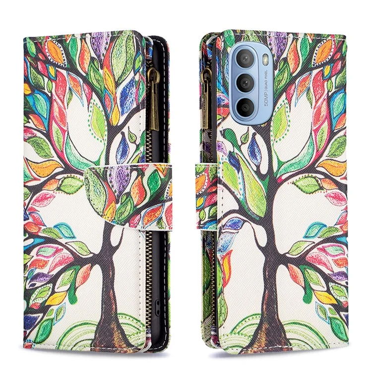 BF03 Wallet Phone Case for Motorola Moto G31 / Moto G41, Pattern Printing Leather Protective Zipper Purse Stand Cover with Strap - Life Tree