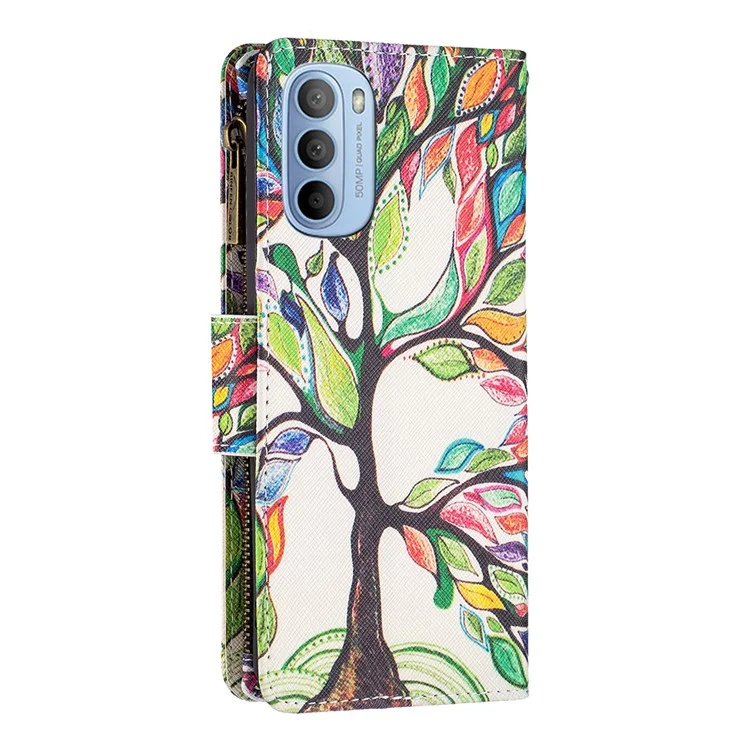 BF03 Wallet Phone Case for Motorola Moto G31 / Moto G41, Pattern Printing Leather Protective Zipper Purse Stand Cover with Strap - Life Tree