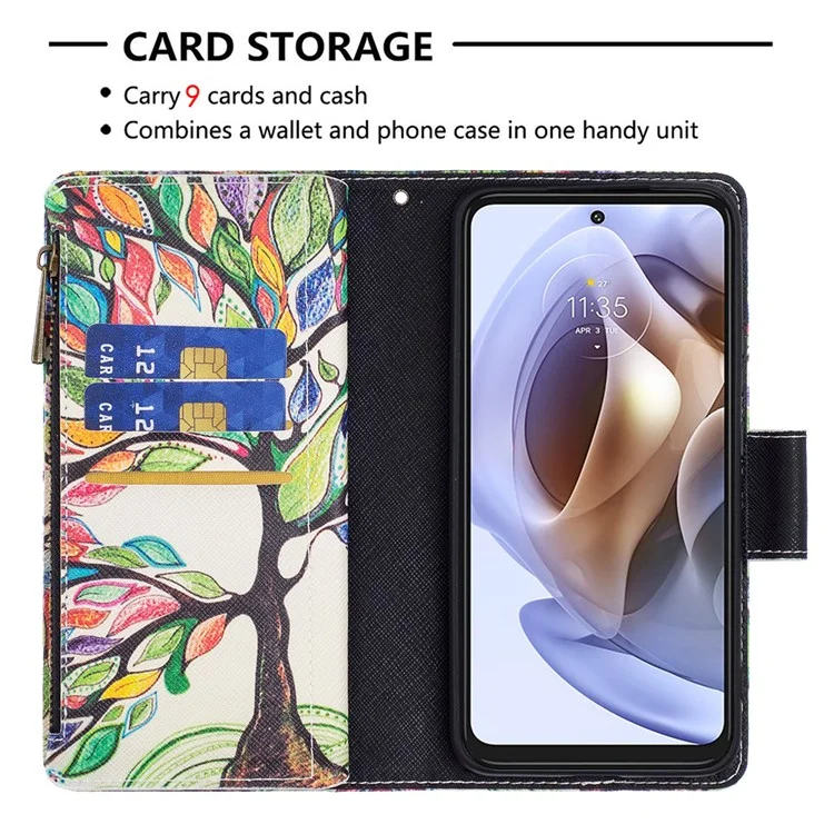 BF03 Wallet Phone Case for Motorola Moto G31 / Moto G41, Pattern Printing Leather Protective Zipper Purse Stand Cover with Strap - Life Tree