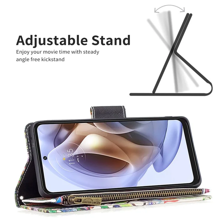 BF03 Wallet Phone Case for Motorola Moto G31 / Moto G41, Pattern Printing Leather Protective Zipper Purse Stand Cover with Strap - Life Tree