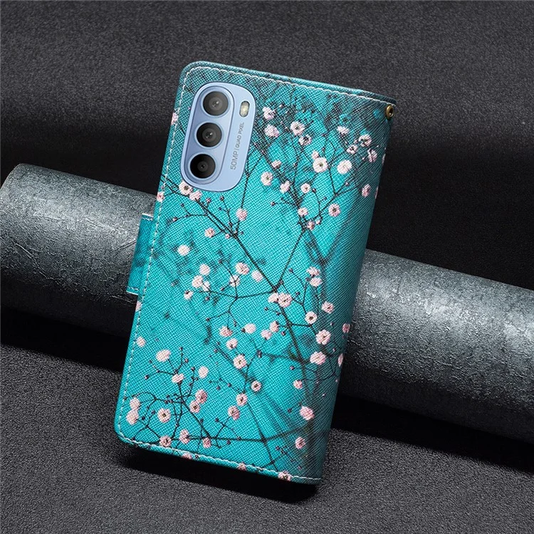 BF03 Wallet Phone Case for Motorola Moto G31 / Moto G41, Pattern Printing Leather Protective Zipper Purse Stand Cover with Strap - Plum Blossom