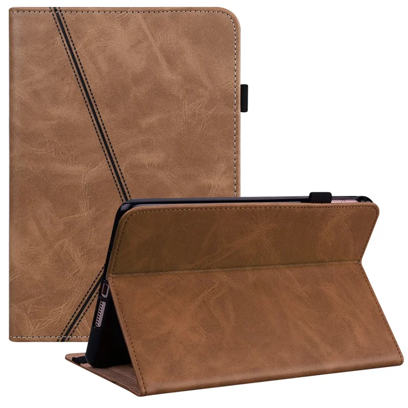 For Lenovo Legion Y700 Line Imprinted Adjustable Stand PU Leather Auto Wake/Sleep Drop-proof Tablet Case with Card Slots - Brown
