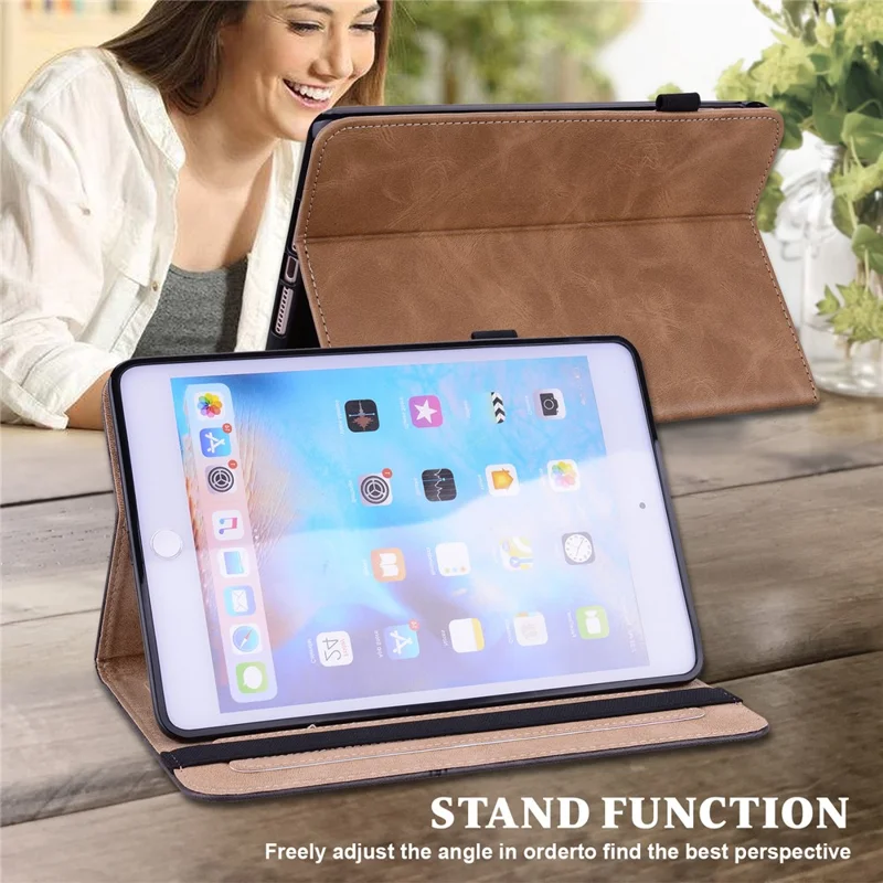 For Lenovo Legion Y700 Line Imprinted Adjustable Stand PU Leather Auto Wake/Sleep Drop-proof Tablet Case with Card Slots - Brown
