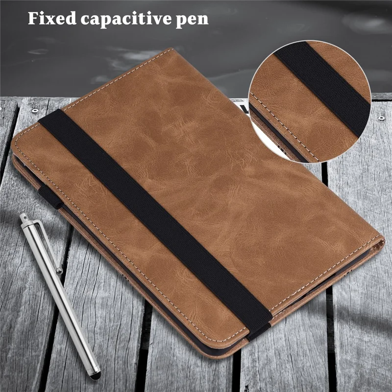 For Lenovo Legion Y700 Line Imprinted Adjustable Stand PU Leather Auto Wake/Sleep Drop-proof Tablet Case with Card Slots - Brown