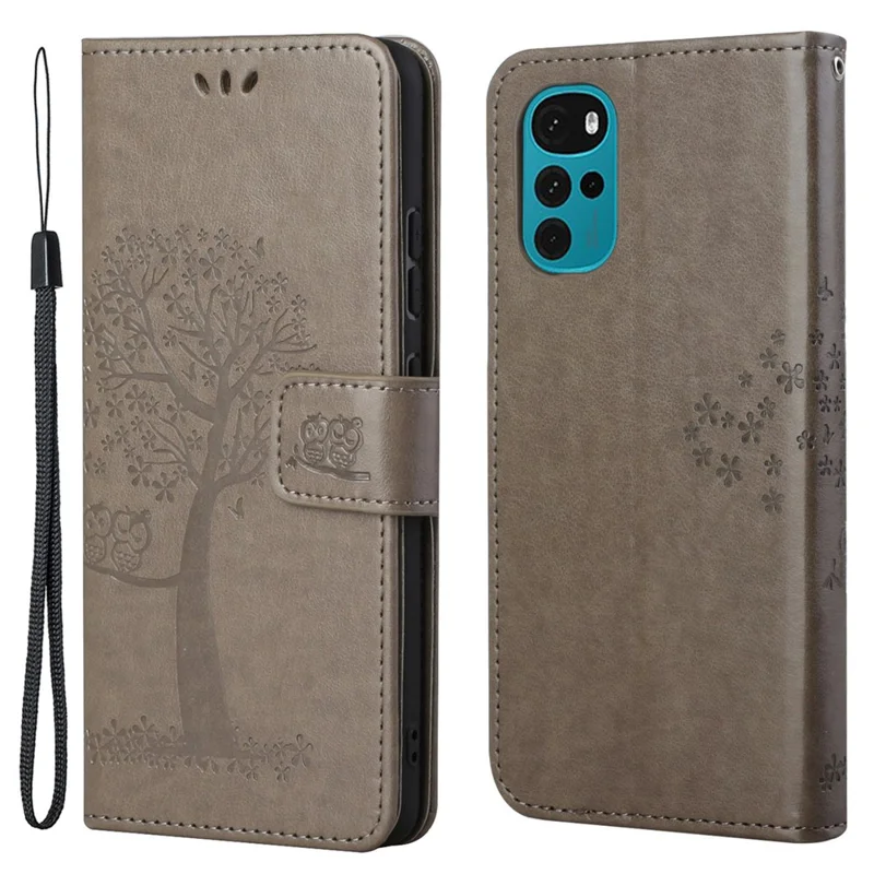 For Motorola Moto G22 Owl Tree Pattern Imprinted Phone Protector Drop-proof Magnetic Clasp PU Leather Wallet Stand Case - Grey