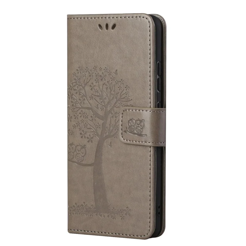 For Motorola Moto G22 Owl Tree Pattern Imprinted Phone Protector Drop-proof Magnetic Clasp PU Leather Wallet Stand Case - Grey
