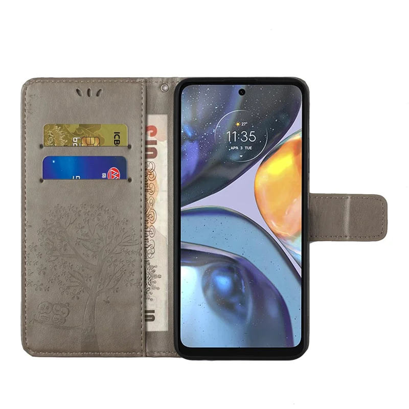 For Motorola Moto G22 Owl Tree Pattern Imprinted Phone Protector Drop-proof Magnetic Clasp PU Leather Wallet Stand Case - Grey