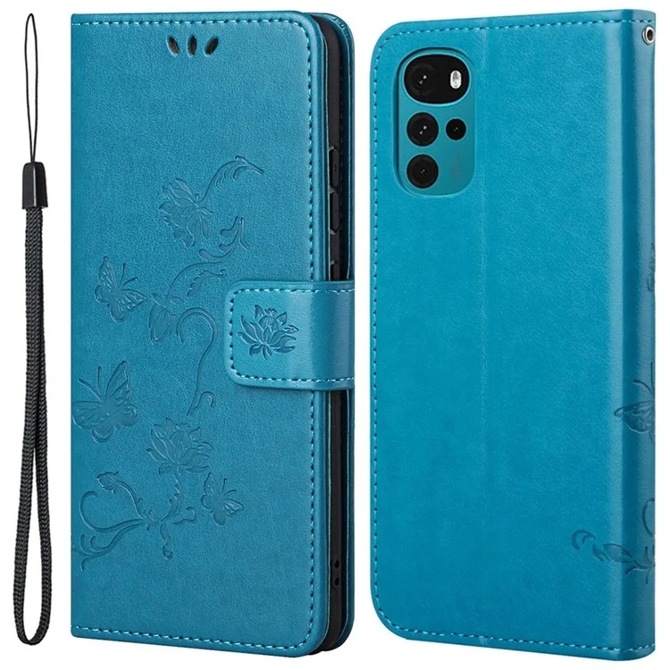 For Motorola Moto G22 Butterfly Flower Imprinted Phone Case Stand PU Leather Wallet Cover with Wrist Strap - Blue
