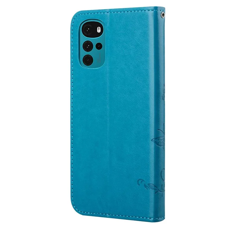 For Motorola Moto G22 Butterfly Flower Imprinted Phone Case Stand PU Leather Wallet Cover with Wrist Strap - Blue