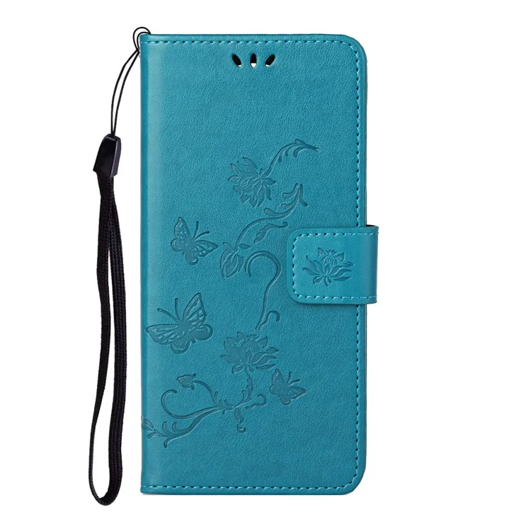 For Motorola Moto G22 Butterfly Flower Imprinted Phone Case Stand PU Leather Wallet Cover with Wrist Strap - Blue