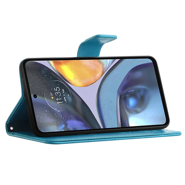 For Motorola Moto G22 Butterfly Flower Imprinted Phone Case Stand PU Leather Wallet Cover with Wrist Strap - Blue