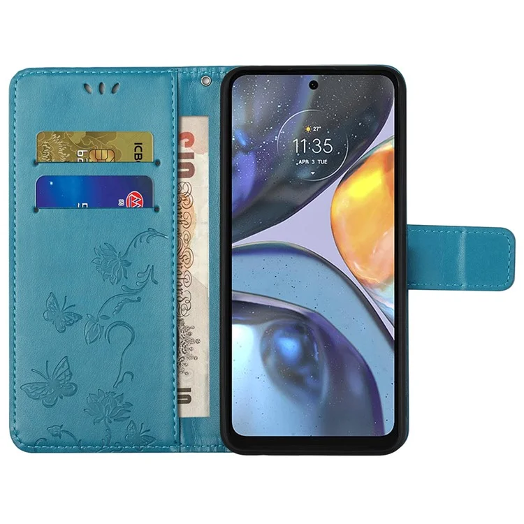 For Motorola Moto G22 Butterfly Flower Imprinted Phone Case Stand PU Leather Wallet Cover with Wrist Strap - Blue