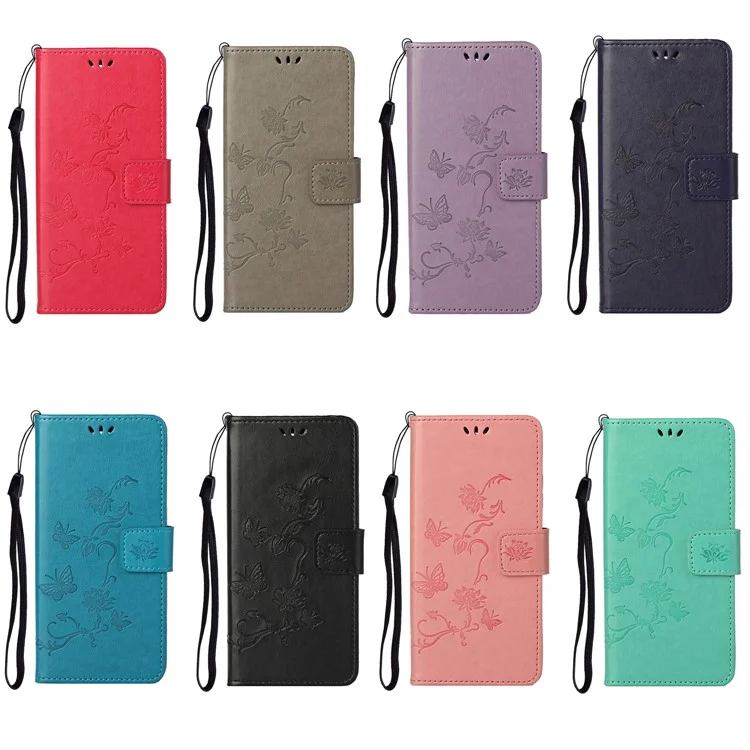 For Motorola Moto G22 Butterfly Flower Imprinted Phone Case Stand PU Leather Wallet Cover with Wrist Strap - Blue