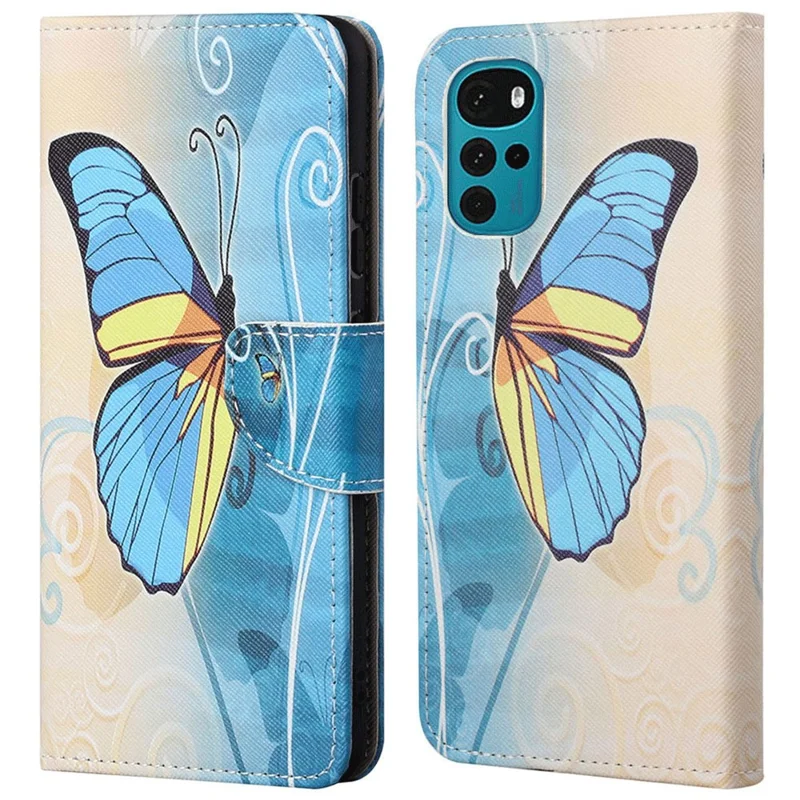 For Motorola Moto G22 Pattern Printing PU Leather Magnetic Flip Cover Stand Wallet Cross Texture Soft  Inner TPU Book Case - Blue Butterfly