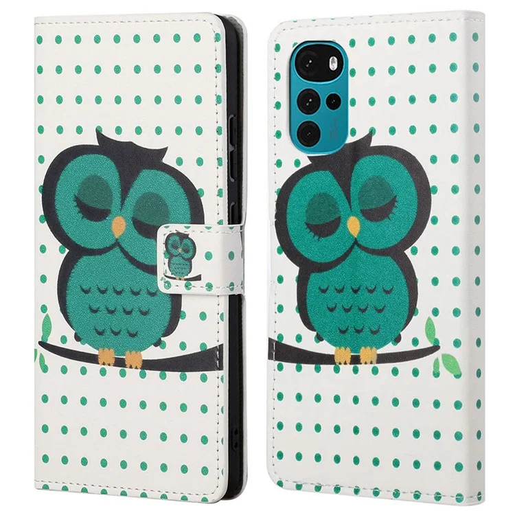 Per Motorola Moto G22 Pattern Printing PU Leather Wallet Case Flip Stand Phone Cover - Green Owl