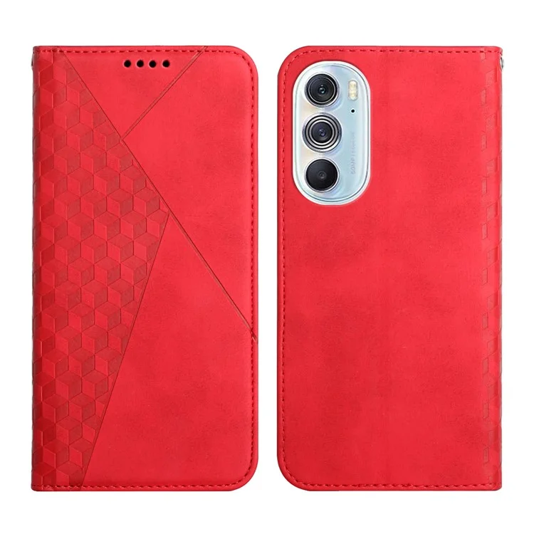 Für Motorola Edge X30 PU Leder Magnetisch Automatisch Absorbiertes Brieftaschengehäuse Rhombusmuster Eingeprägter Ständer Flip Cover - Rot