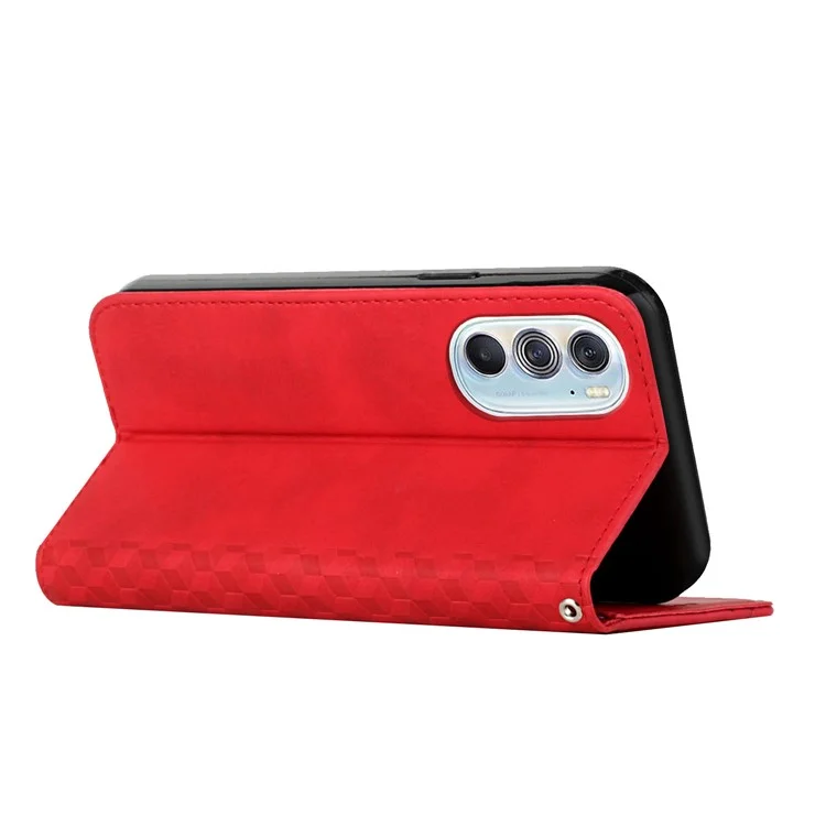 Für Motorola Edge X30 PU Leder Magnetisch Automatisch Absorbiertes Brieftaschengehäuse Rhombusmuster Eingeprägter Ständer Flip Cover - Rot