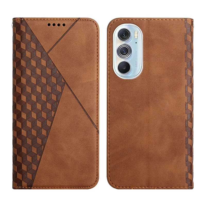 Pour Motorola Edge X30 PU Cuir Magnétique Magnétique Auto-absorbed Portefeuille Rhombus Modèle de Support Imprimé Couverture - Brun