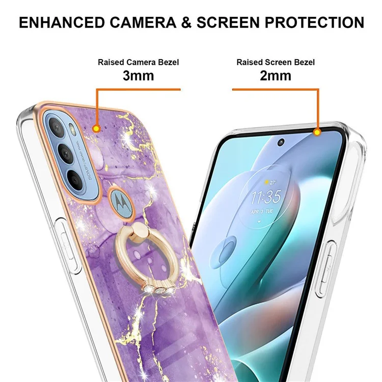 YB IMD Series-10 Für Motorola Moto G31/Moto G41 Telefonhülle Marmormuster Soft TPU Ring Kickstand Anti-kratzer Elektropliertes Imd-telefongehäuse Shell - Lila 002
