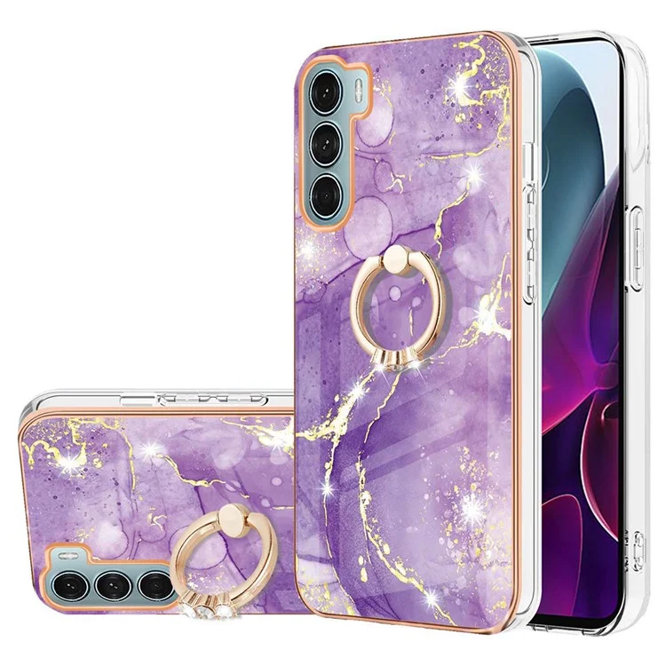 For Motorola Moto G200 5G Case with Ring Kickstand Marble Pattern Electroplating TPU Back Cover - Purple 002