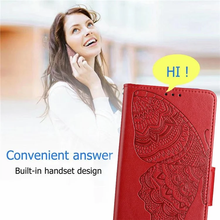 Для Motorola Moto E40 PU Кожаная Импринтинг -бабочка Цветочные Кошельки с Магнитной Закрытой Стойкой Для Фолио Телефона с Ремешком - Красный