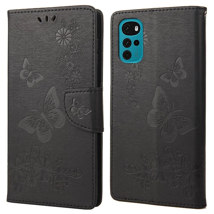 Caixa de Telefone Impressa Com Flor de Borboleta Para Motorola Moto G22 Protective Follio Flip Capa de Couro Protetor de Telefone Com Carteira de Suporte - Preto