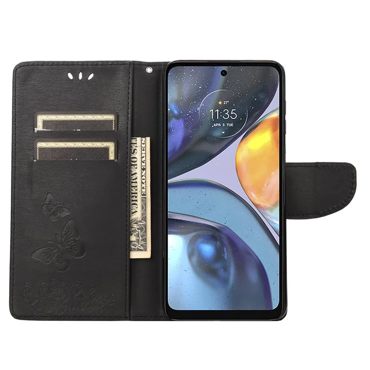 Caixa de Telefone Impressa Com Flor de Borboleta Para Motorola Moto G22 Protective Follio Flip Capa de Couro Protetor de Telefone Com Carteira de Suporte - Preto