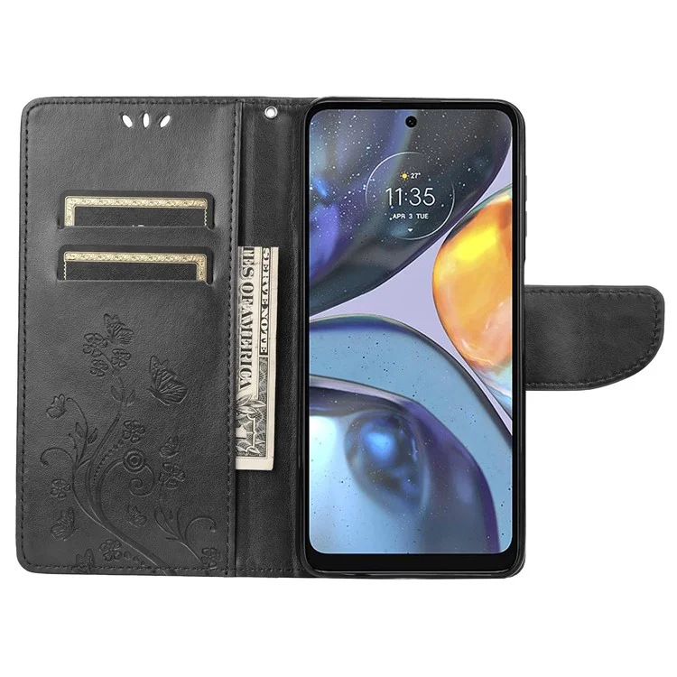 Für Motorola Moto G22 Brieftasche Handyhülle Stoßfest Folio Flip Cover Schmetterlinge Imprited Stilvolle Ledertelefonschale Mit Ständer - Schwarz