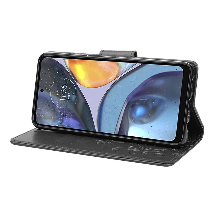Für Motorola Moto G22 Brieftasche Handyhülle Stoßfest Folio Flip Cover Schmetterlinge Imprited Stilvolle Ledertelefonschale Mit Ständer - Schwarz