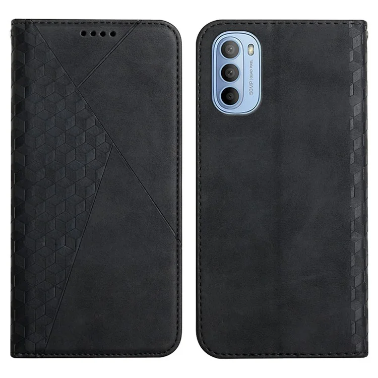 Für Motorola Moto G51 5G Rhombusmuster Geprägtes PU Leder Brieftasche Hülle Ständer Magnetische Automatisch Absorbierte Stoßdämpfer Flip Folio Deckung - Schwarz