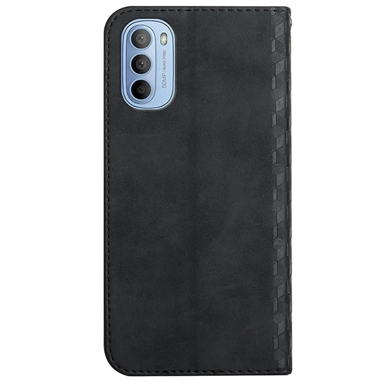 Für Motorola Moto G51 5G Rhombusmuster Geprägtes PU Leder Brieftasche Hülle Ständer Magnetische Automatisch Absorbierte Stoßdämpfer Flip Folio Deckung - Schwarz