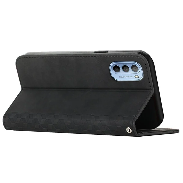 Für Motorola Moto G51 5G Rhombusmuster Geprägtes PU Leder Brieftasche Hülle Ständer Magnetische Automatisch Absorbierte Stoßdämpfer Flip Folio Deckung - Schwarz